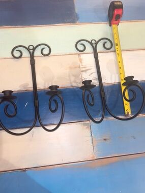 Vintage Black Wrought Iron 2 Candle Wall Sconce Double Candle Holder Set of 2